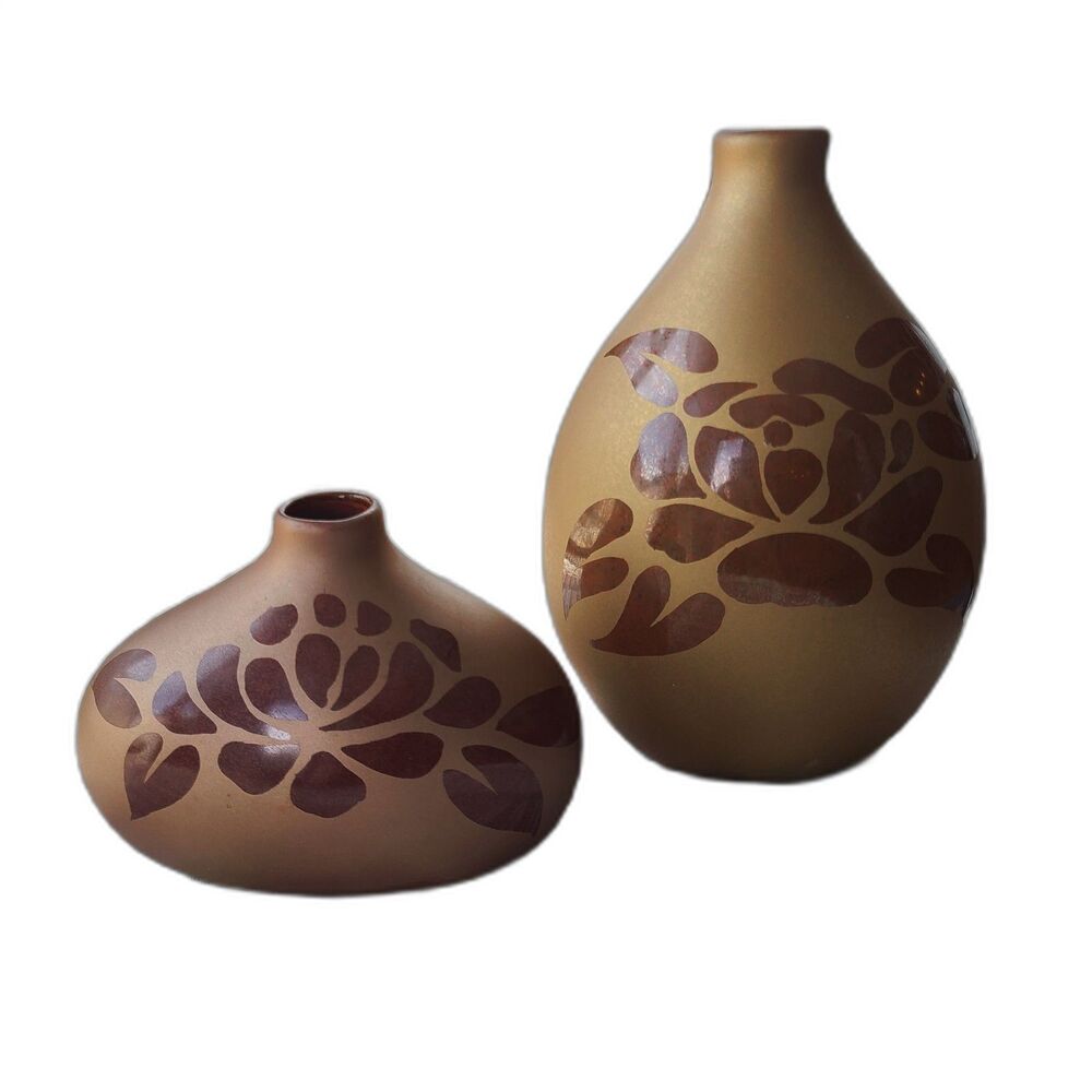 Vintage Matte Bronze On Bronze Slip Cast Pottery Vases With Rose & Leaves Design